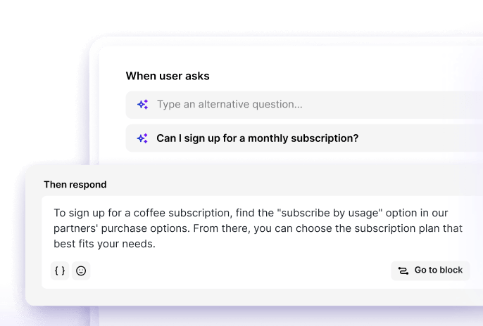 Chatbot's AI Training section displaying an example of a custom question that customers might ask, along with a corresponding answer.