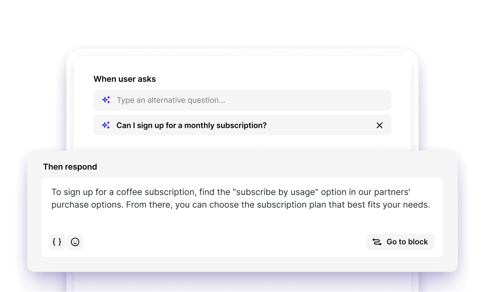 Chatbot's AI Training section displaying an example of a custom question that customers might ask, along with a corresponding answer.