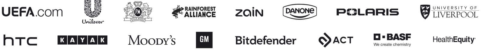 Logos of ChatBot software customers, including Unilever, UEFA, BASF, Danone and more.