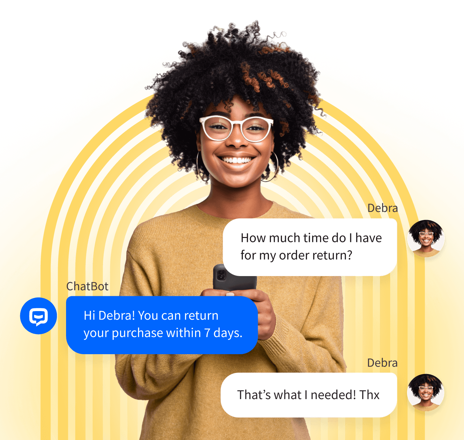 A woman smiling and holding a smartphone.