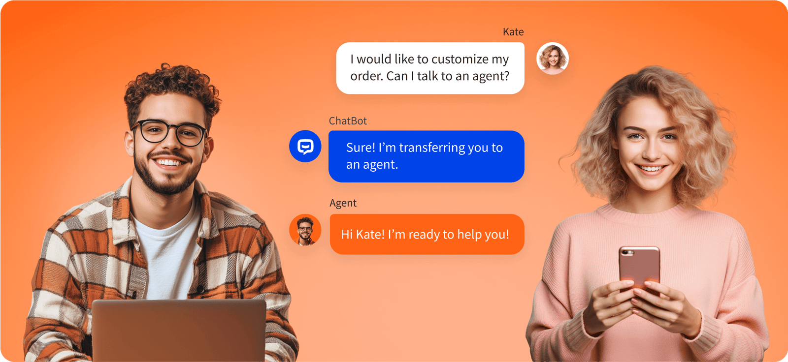AI chatbot transferring a chat from an AI bot to an agent using LiveChat integration, with two people smiling and standing next to the chat interface.