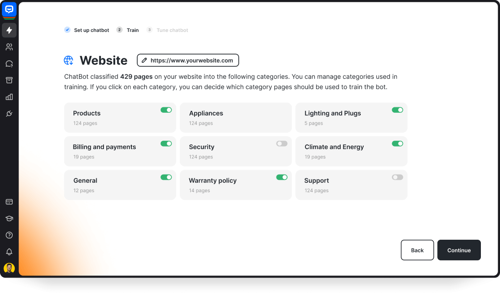 ChatBot software interface view with Set up your chatbot section, showing an AI chatbot training based on the provided website address. Use your website or other resources to make ChatBot an expert in your field. Select specific pages for precise AI model training. Instantly create your custom generative AI chatbot.