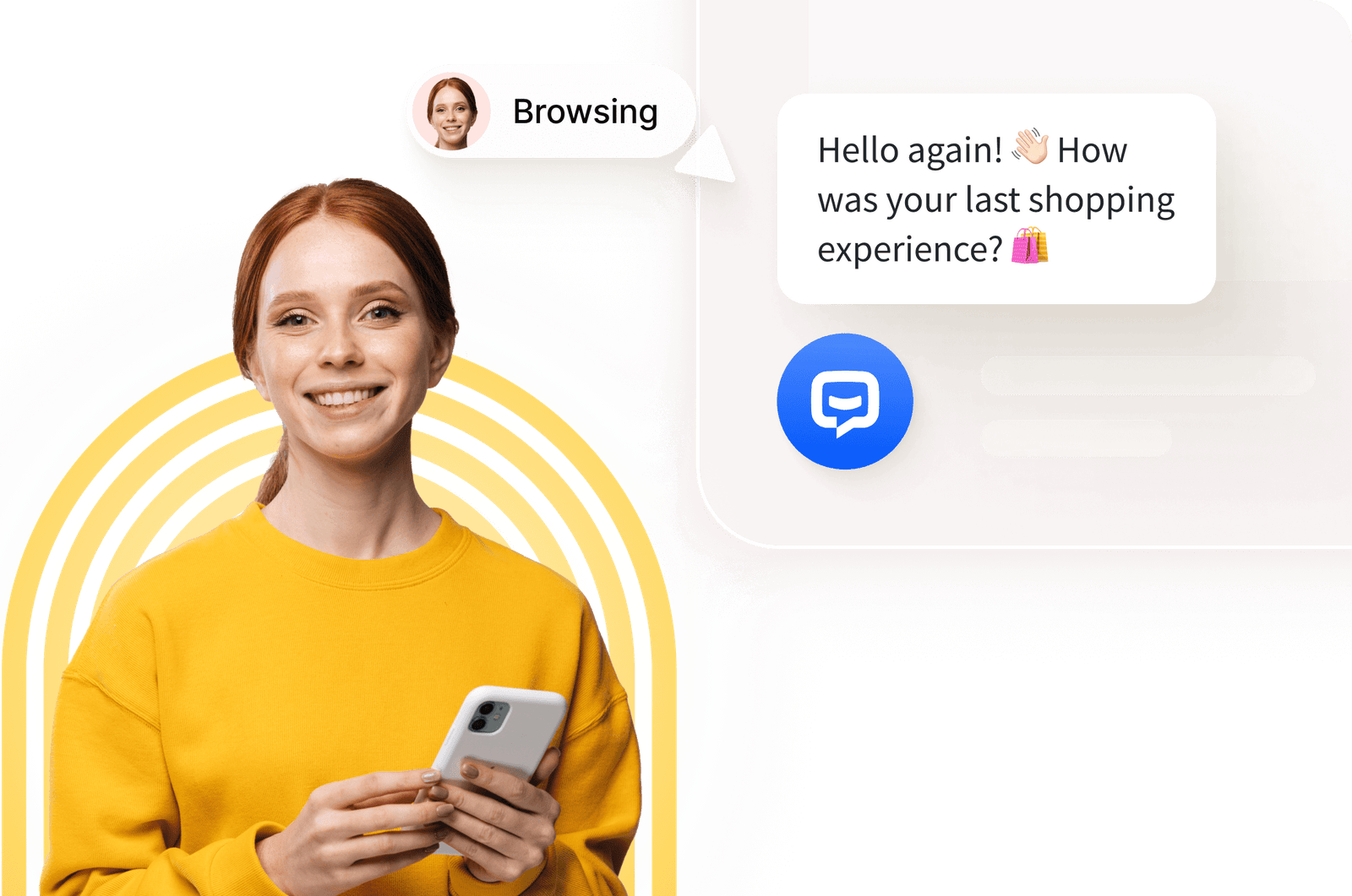 A chatbot displaying a greeting for a woman who is a website visitor, asking about her last shopping experience.