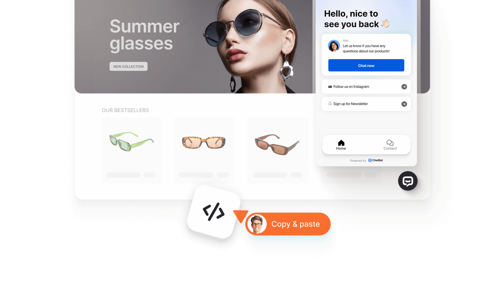 ChatBot's chat widget installation on a website using a small javascript snippet.