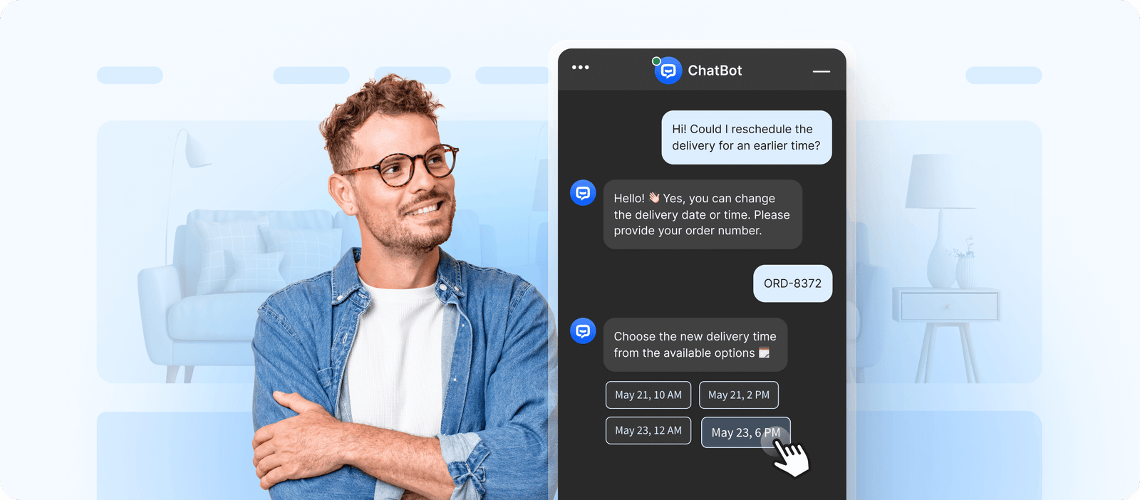 Man standing in front of an ecommerce-themed background, next to a chatbot widget where an AI chatbot helps reschedule a product delivery based on the customer's request via chat.