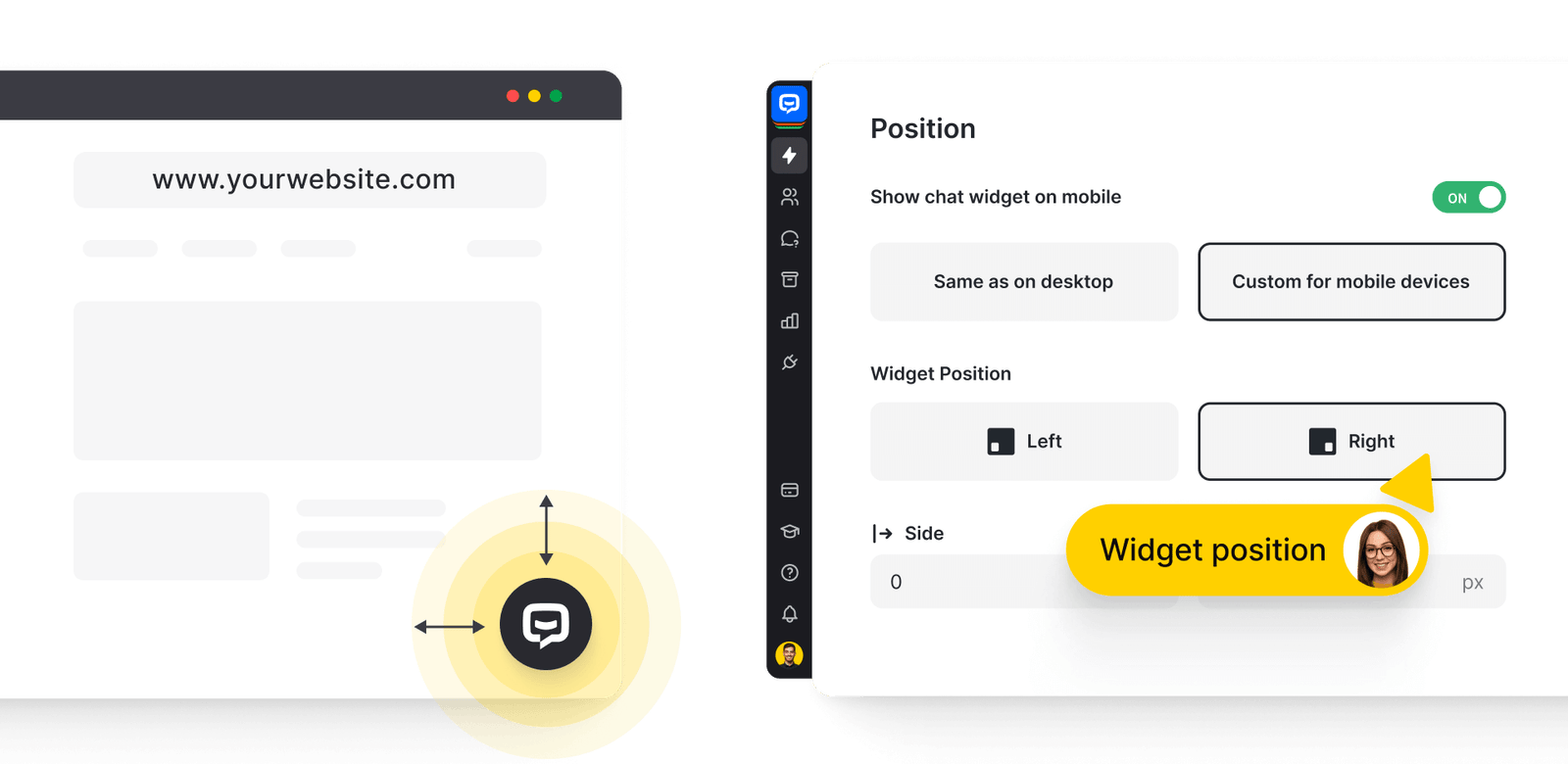 Chatbot widget's bubble placement on the website and position settings in the ChatBot app.