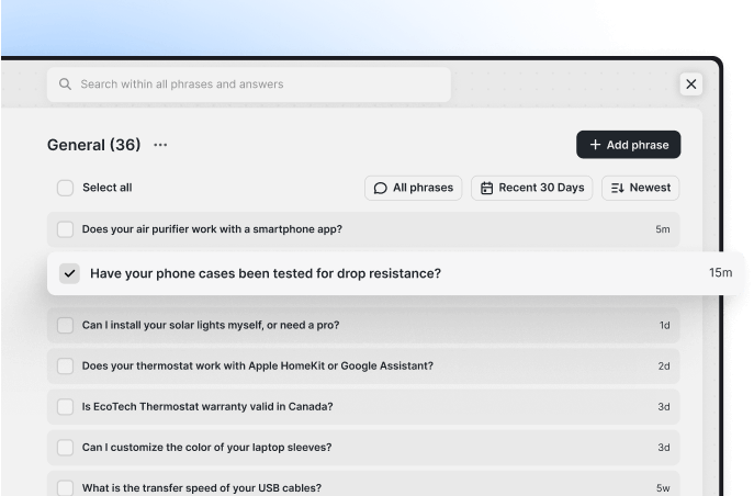 ChatBot's Training section with custom answers for specific customers' questions.